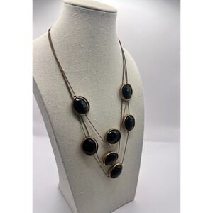 Vintage Black Glass Cabochon Statement Necklace Layered‎ Multi-Strand Gold